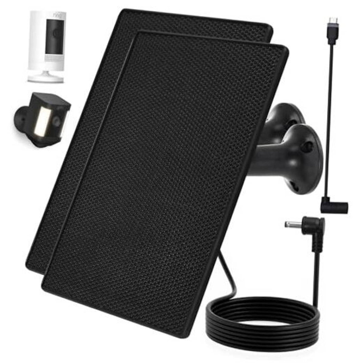 Black solar charger panel kit with mounting bracket and cable for Ring cameras
