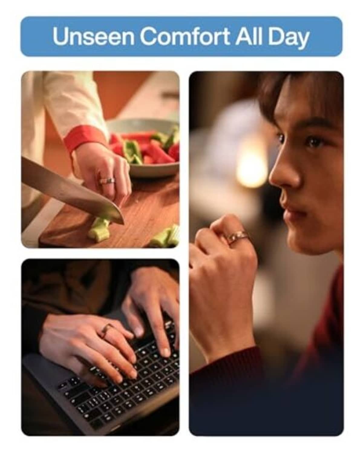 Silver smart ring worn on hand, shown in lifestyle activity frames
