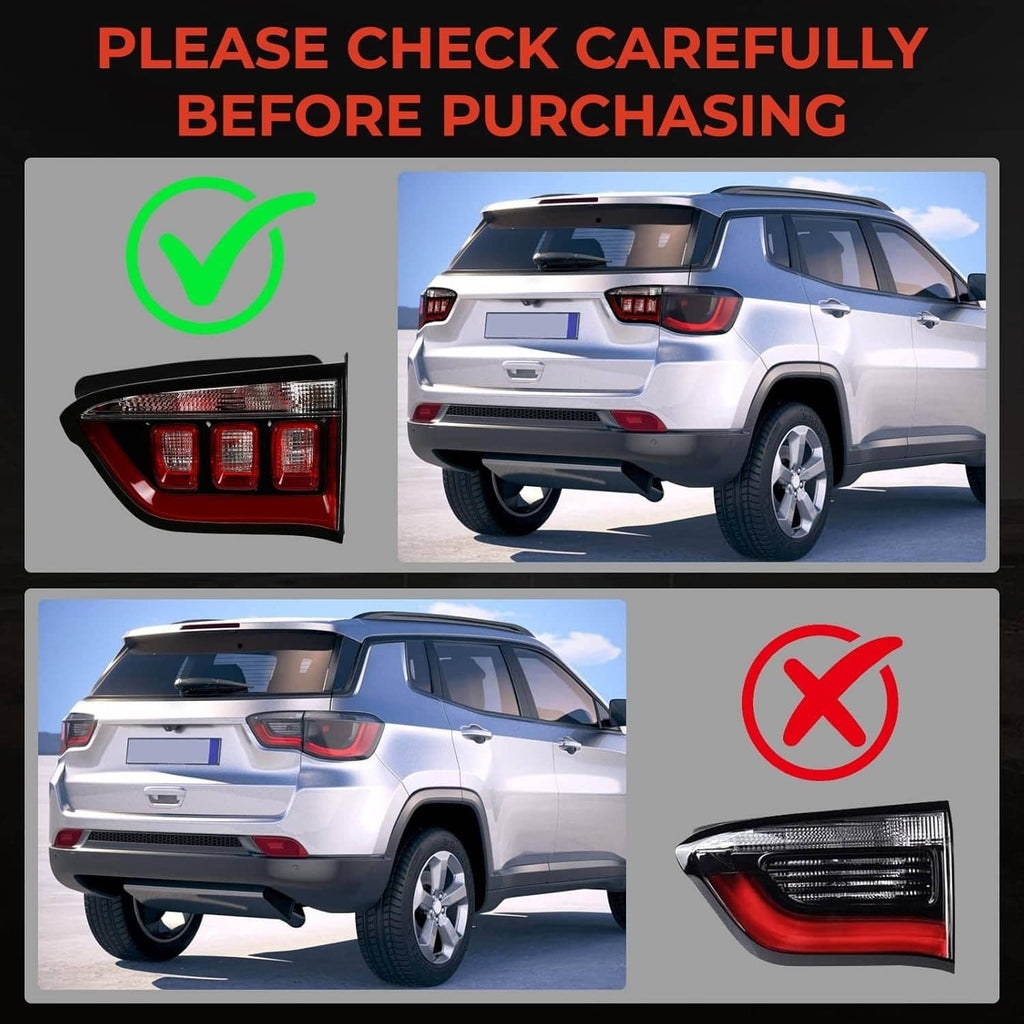 Right inner halogen tail light with red lens and black trim, compared fit view