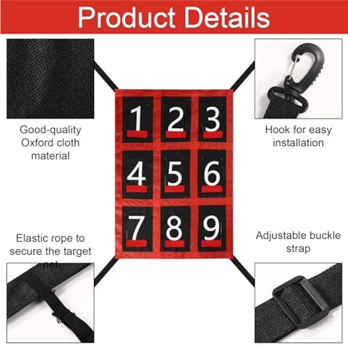Red-and-black strike zone target net with elastic cords and adjustable buckle straps