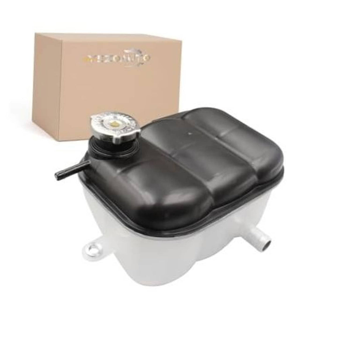 Pressurized front coolant reservoir with cap, black top and translucent white tank