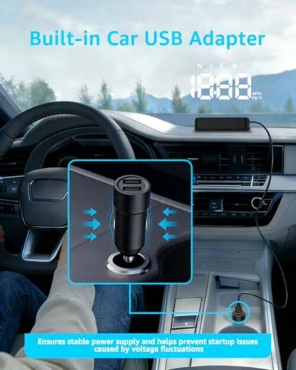 Car USB adapter built into a black charging plug for the heads-up display