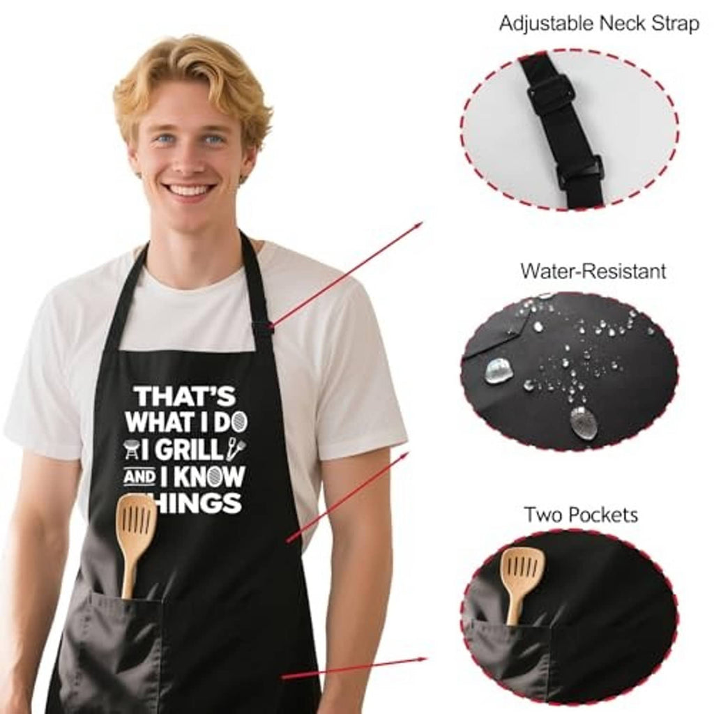 Black water-resistant grilling apron with adjustable neck strap and two pockets; text design
