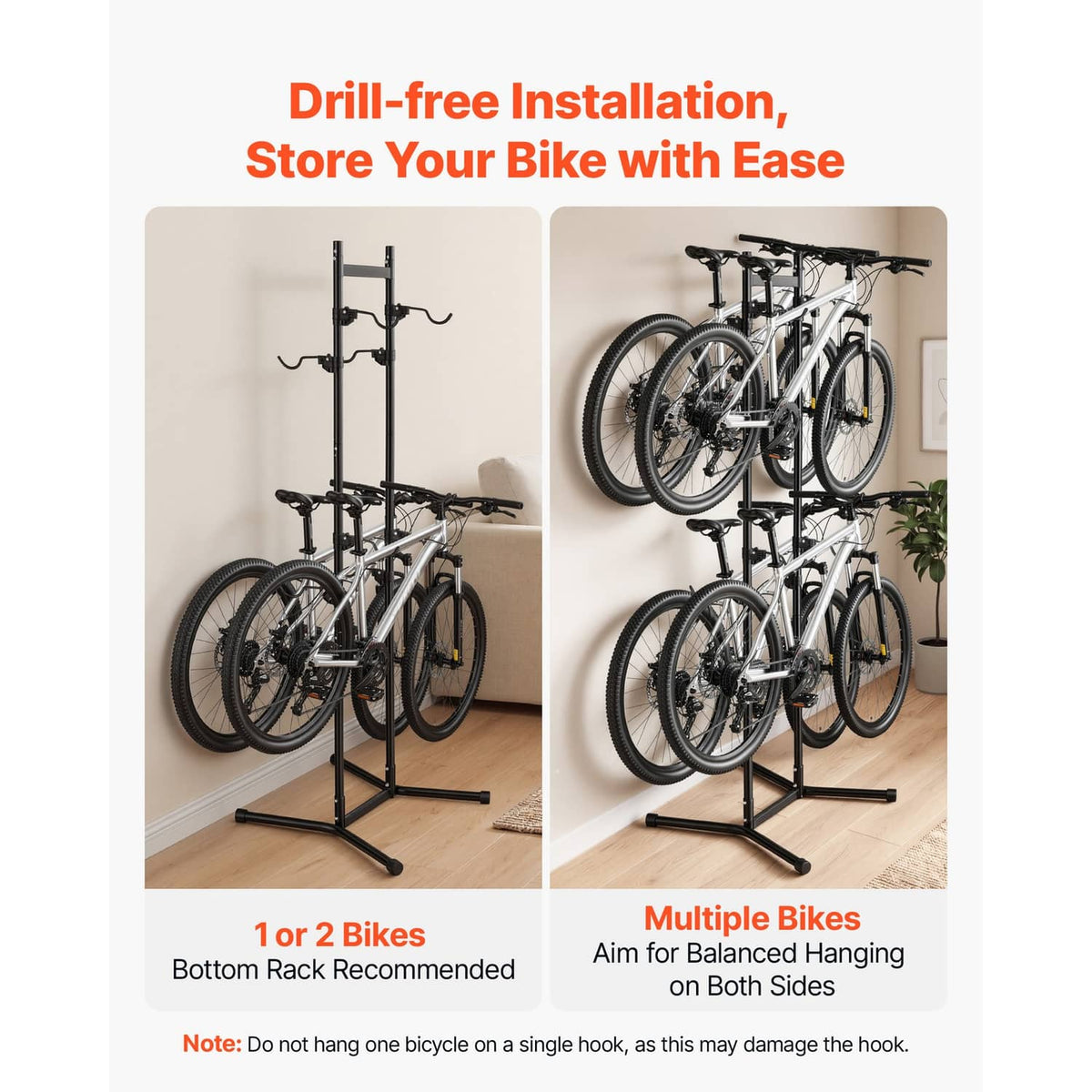 Black freestanding vertical bike rack with multiple hook arms and a wide base stand