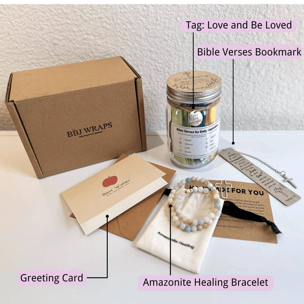 Bible verse jar gift set with beaded bracelet, cross charm, and greeting card