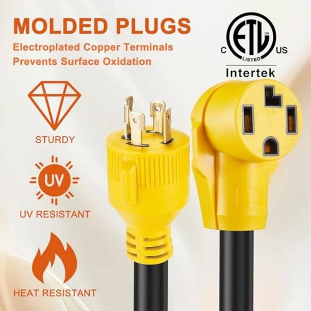 ETL Intertek NEMA adapter cord with molded yellow plugs and black 10AWG cable