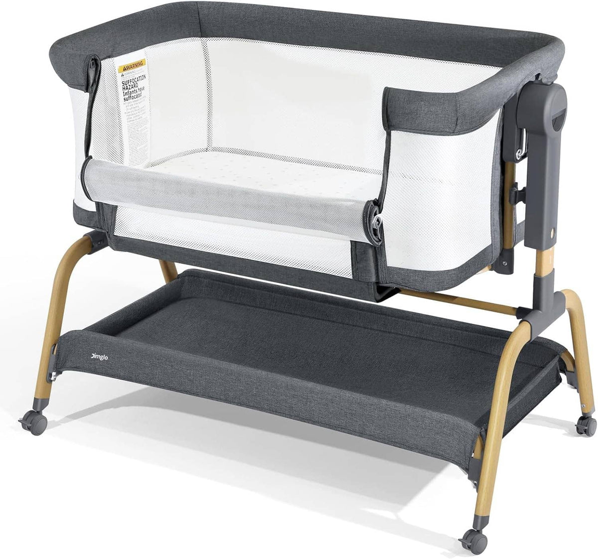 3-in-1 baby bassinet side view with gray padded canopy, white mesh sides, rolling base.
