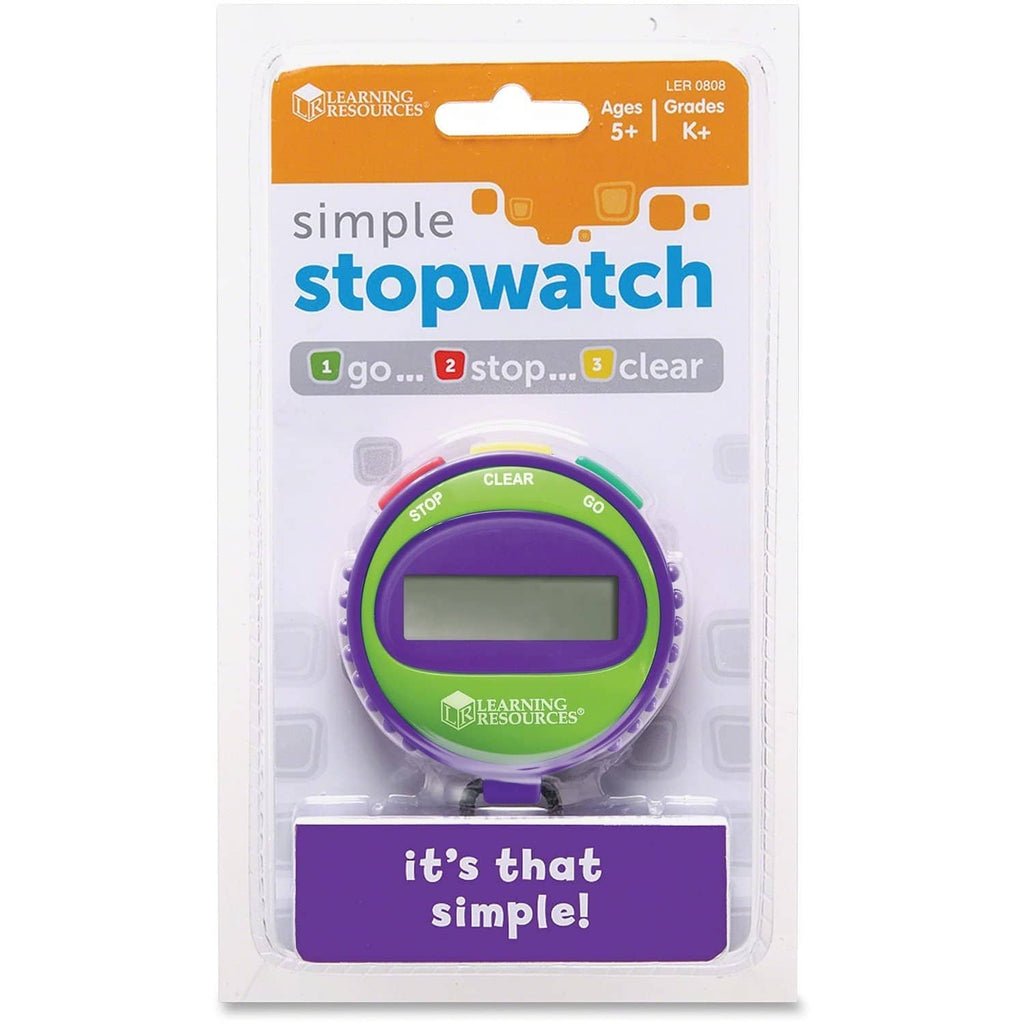 Simple 3-button stopwatch in retail blister pack, purple and blue with LCD display