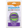 Simple 3-button stopwatch in retail blister pack, purple and blue with LCD display