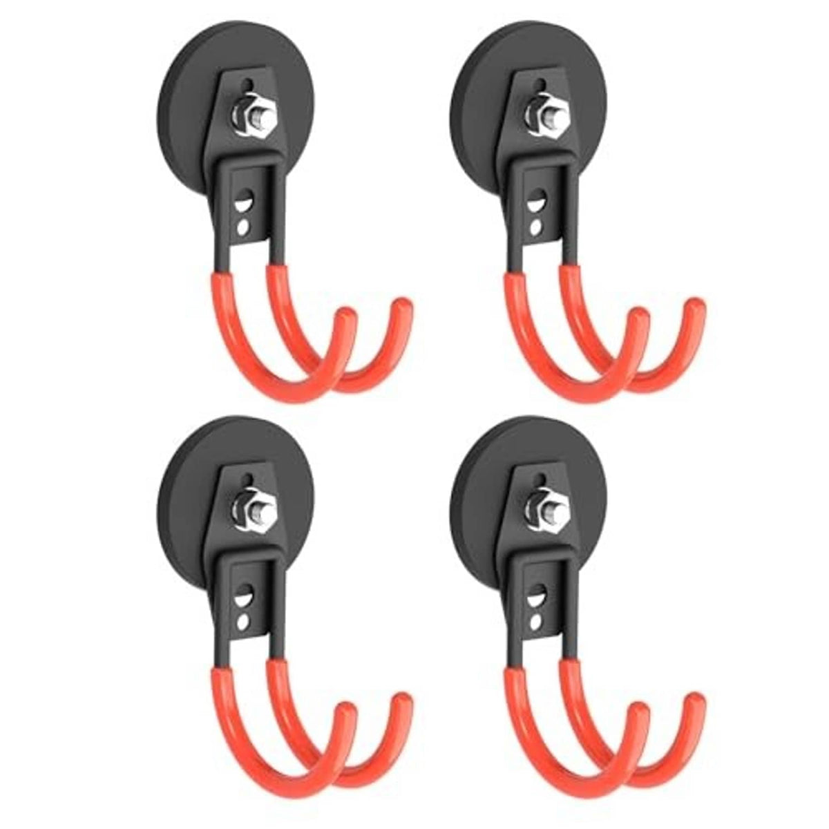 Set of 4 magnetic hooks, black bases with red-orange double curved hooks and screw