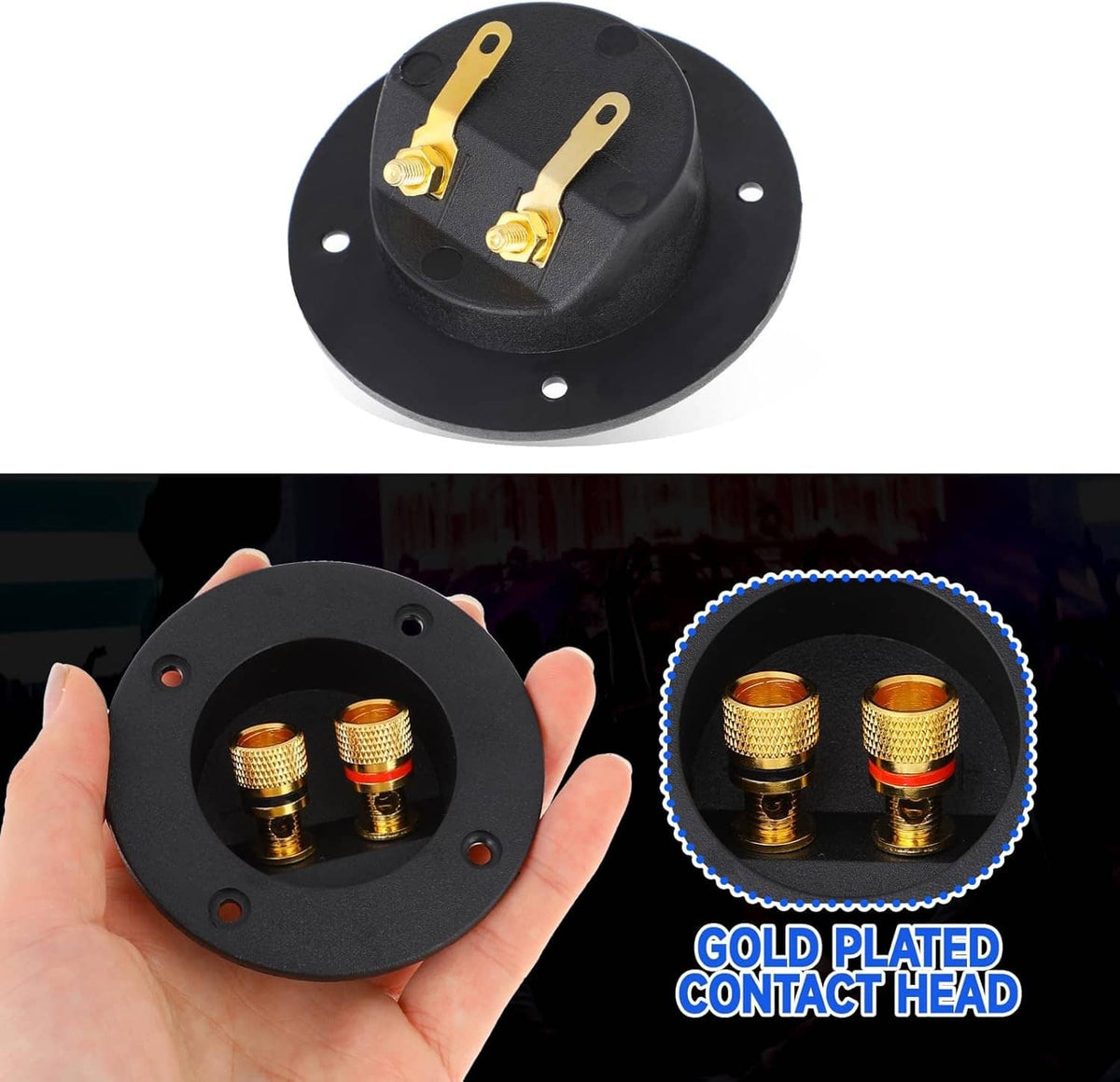 Black speaker terminal cup held in hand, showing two gold spring-loaded jack posts