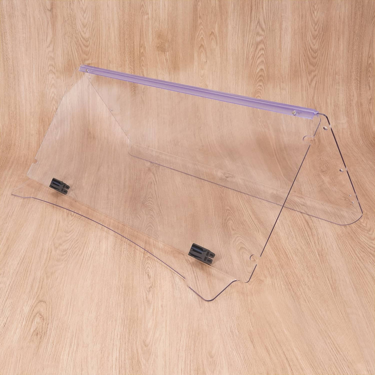Folding golf cart windscreen with clear shield, blue frame rail, and black mounting brackets
