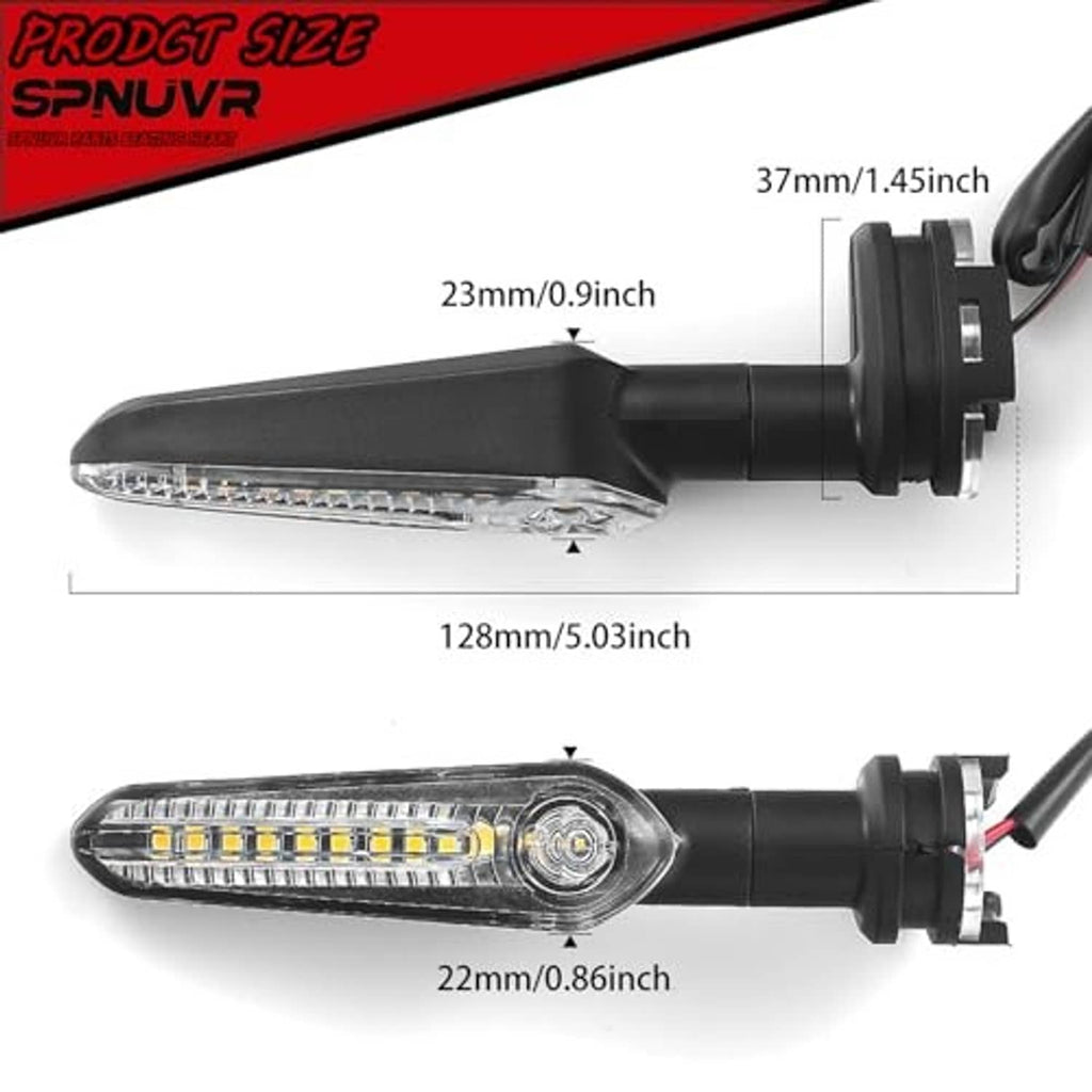 Black motorcycle LED turn signal with clear lens and amber LED strip