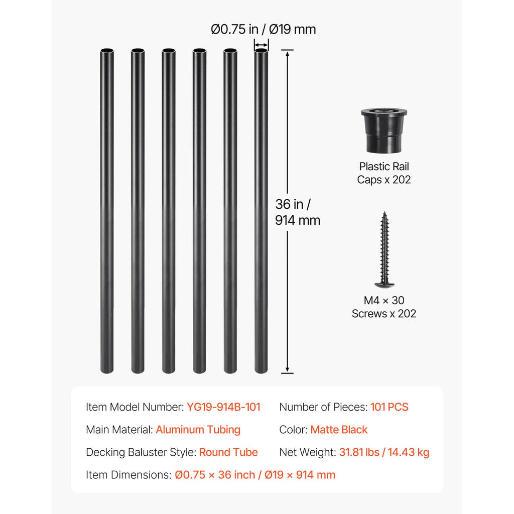 Matte black aluminum round balusters set with included plastic rail caps and screws.