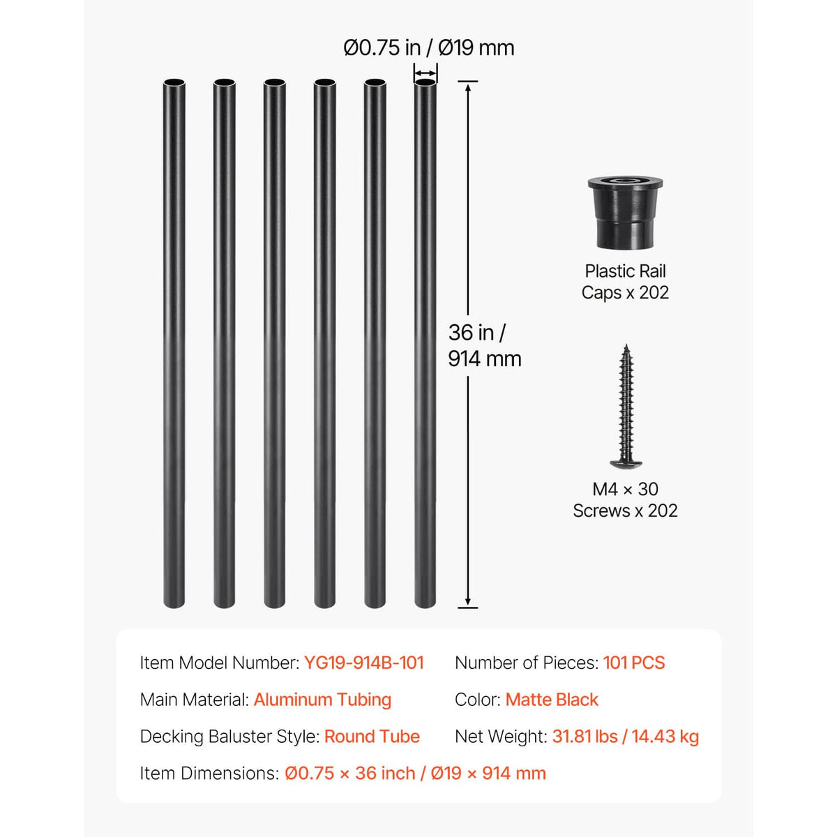 Matte black aluminum round balusters set with included plastic rail caps and screws.