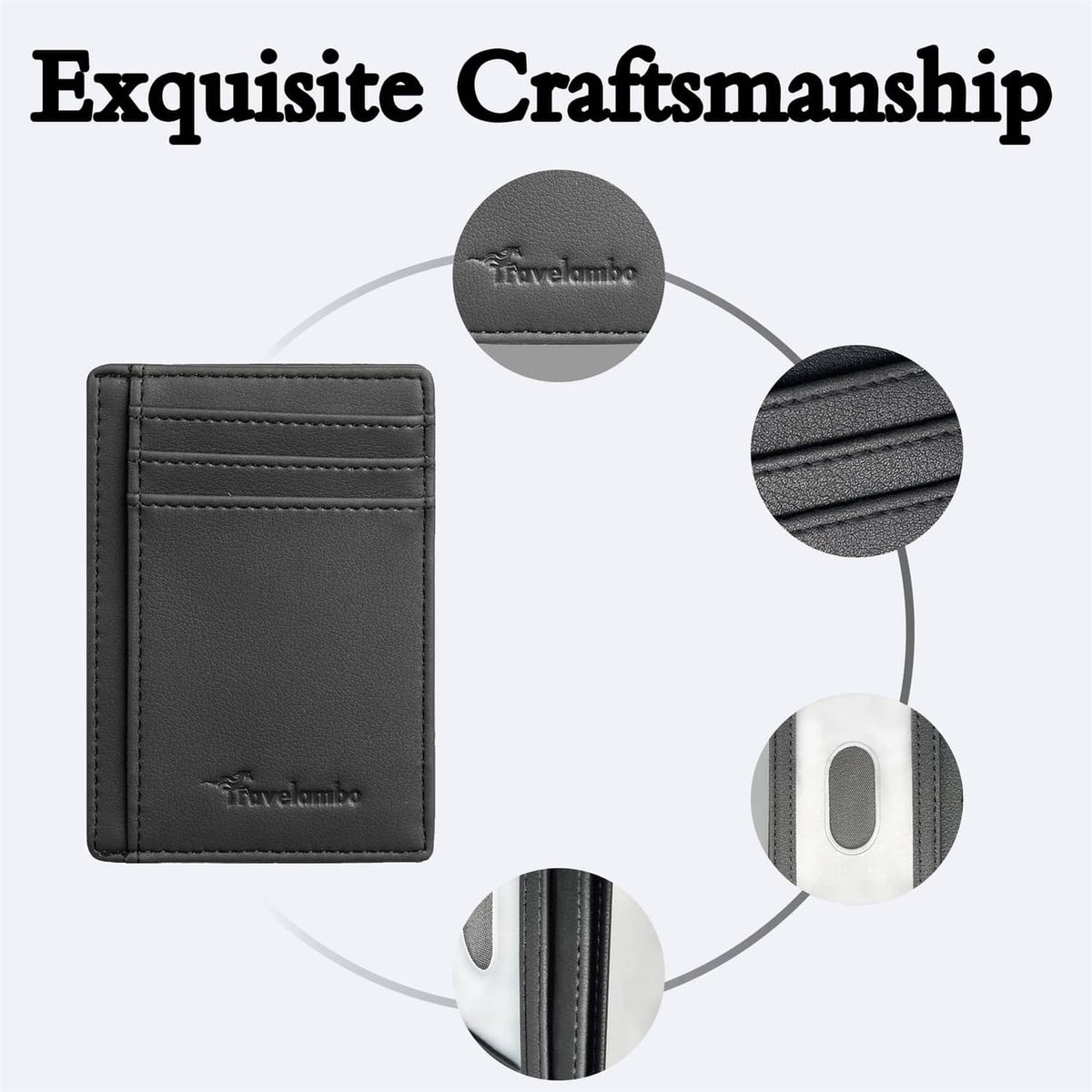 Black slim leather wallet with stitched edges and Travelambo logo on front