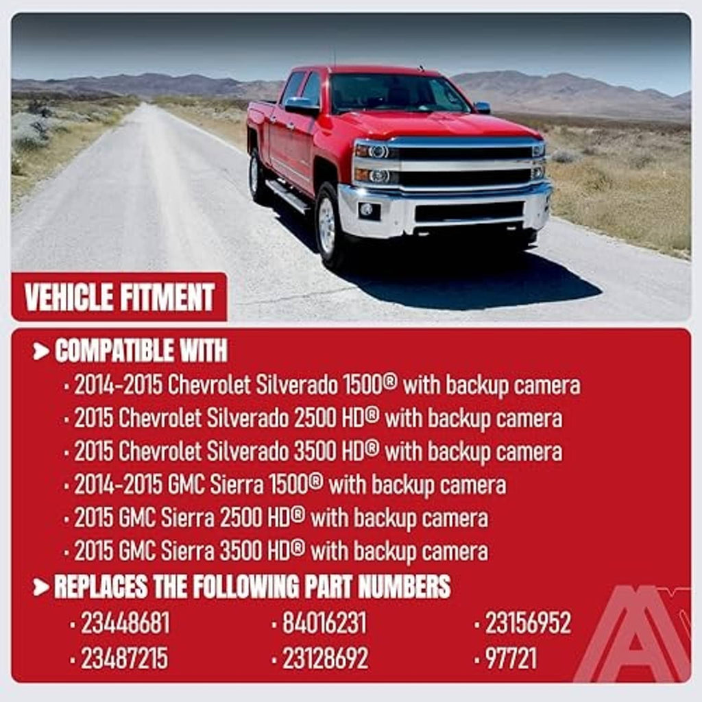 Vehicle fitment graphic for a tailgate handle with backup camera hole