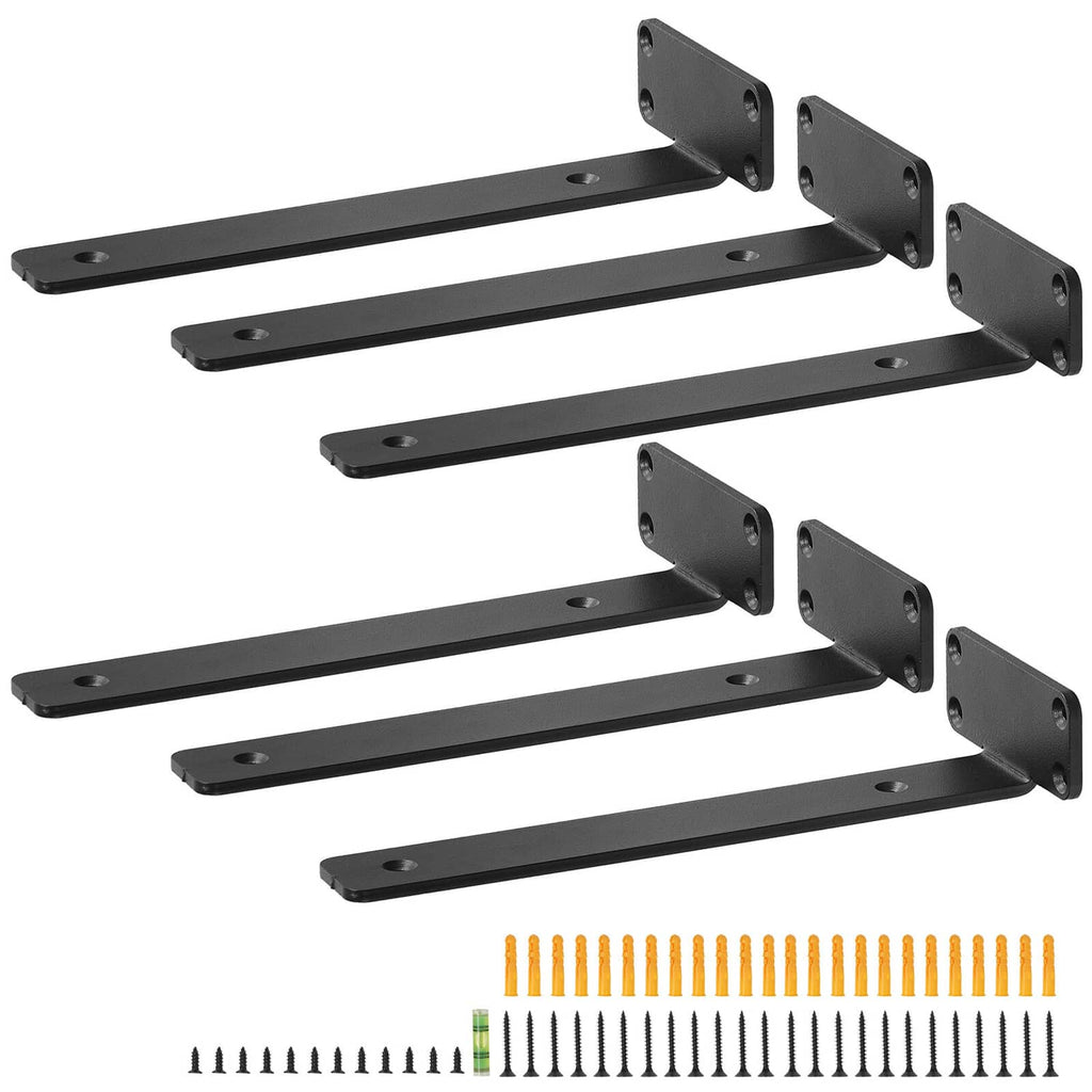 Set of black steel floating shelf brackets with mounting plates and hardware