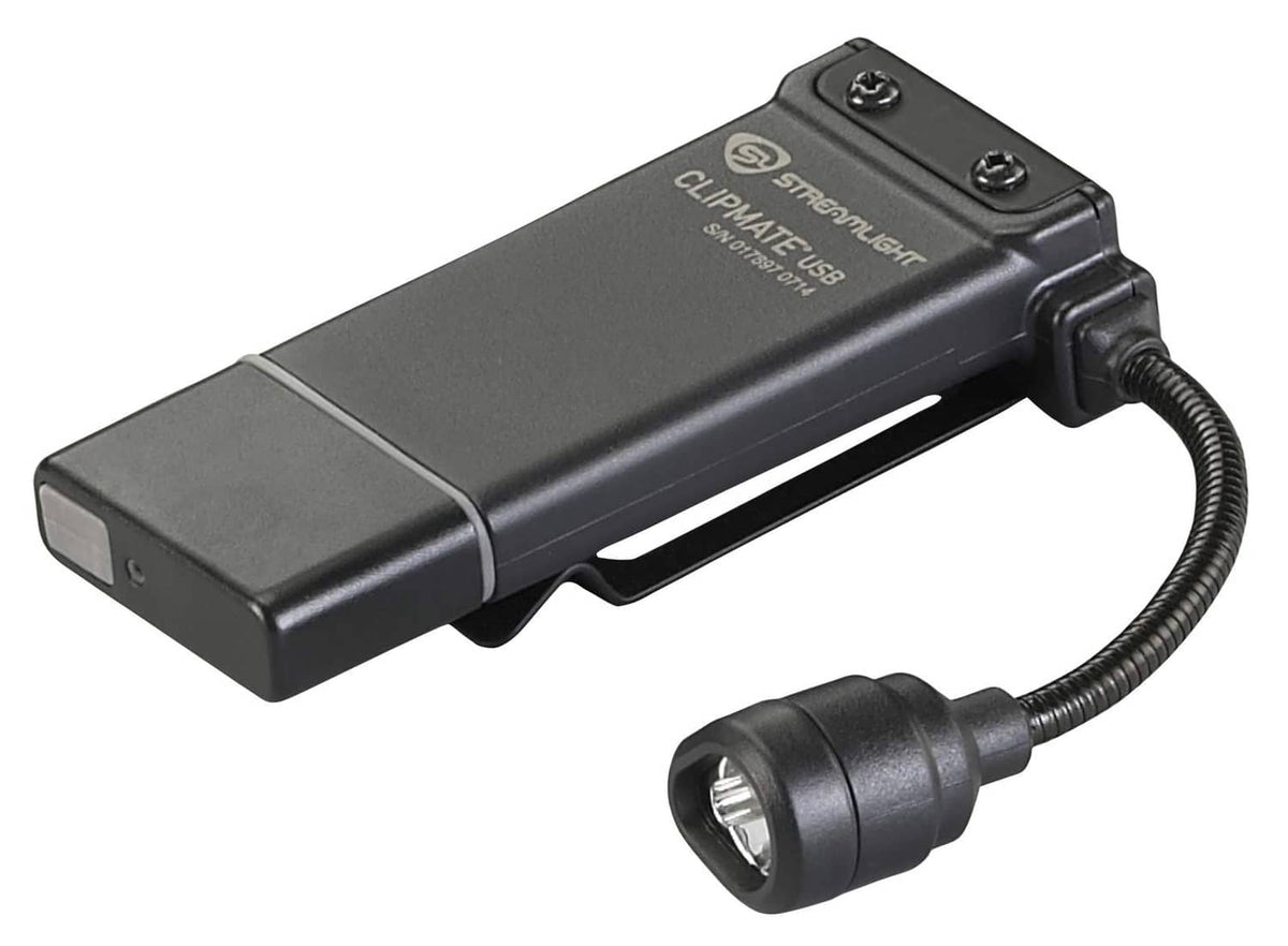 Black ClipMate light with coiled cable and beam head, product front view