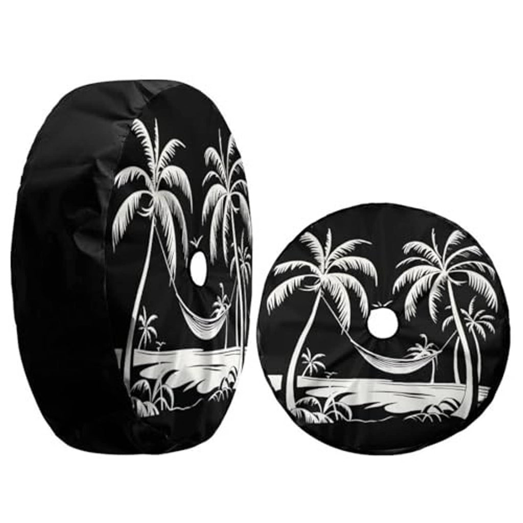 Black spare tire cover set with white palm tree graphic and round cutout