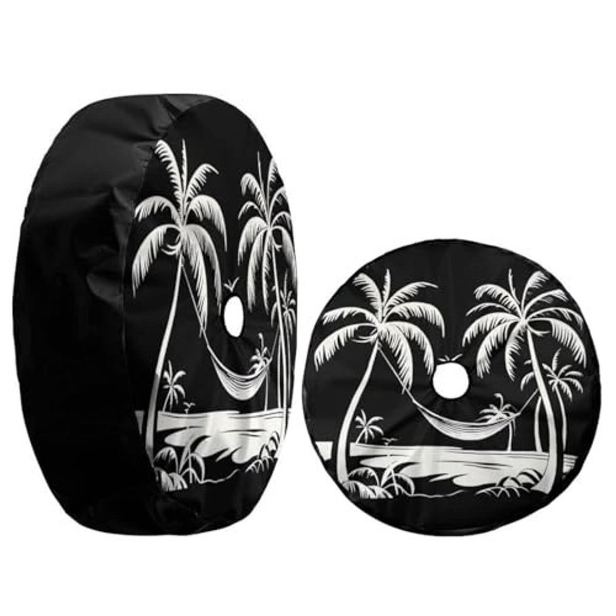 Black spare tire cover set with white palm tree graphic and round cutout
