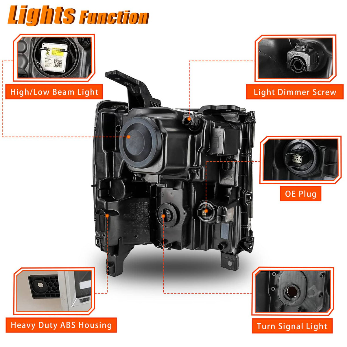 Black headlight housing parts view with OE plug, turn signal light, and ABS housing