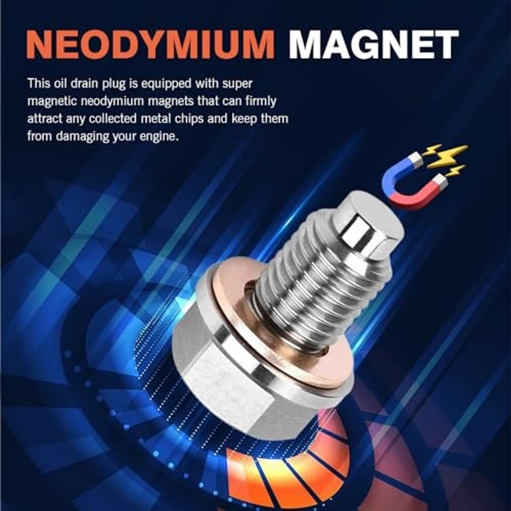 Magnetic oil drain plug with stainless head and threaded tip, shown with magnetic flow graphic