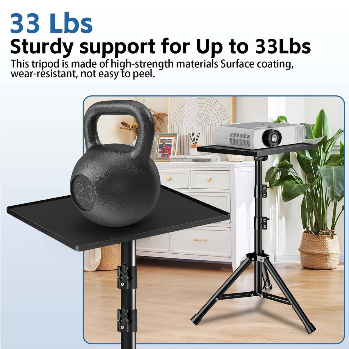 Black projector stand tripod with large top plate supporting a kettlebell weight