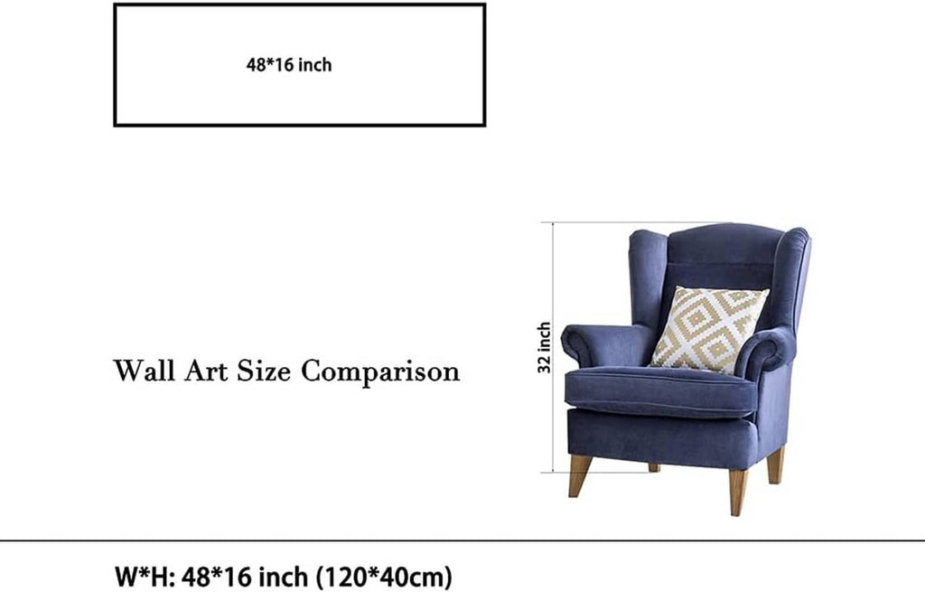 Wall art size comparison diagram with navy armchair and canvas frame