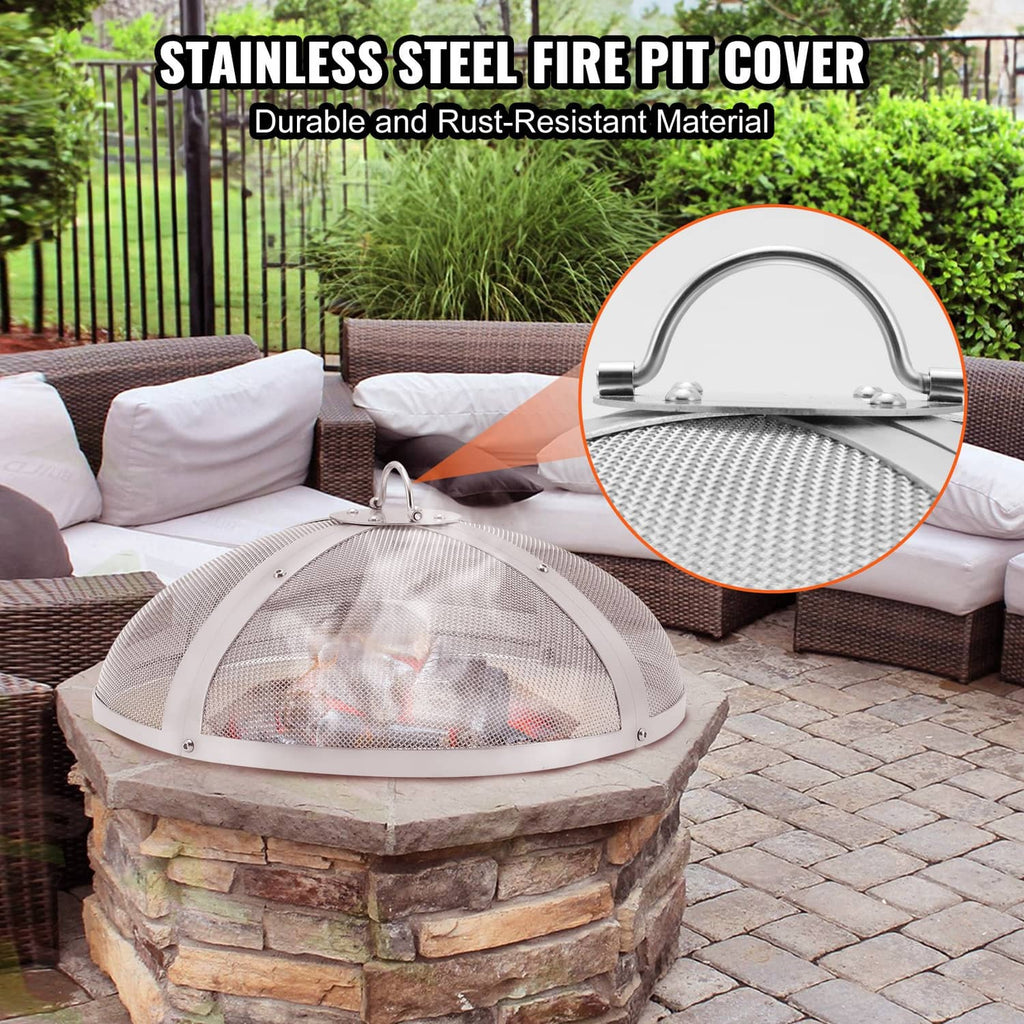 Round stainless firepit cover with arched handle and fine wire mesh dome