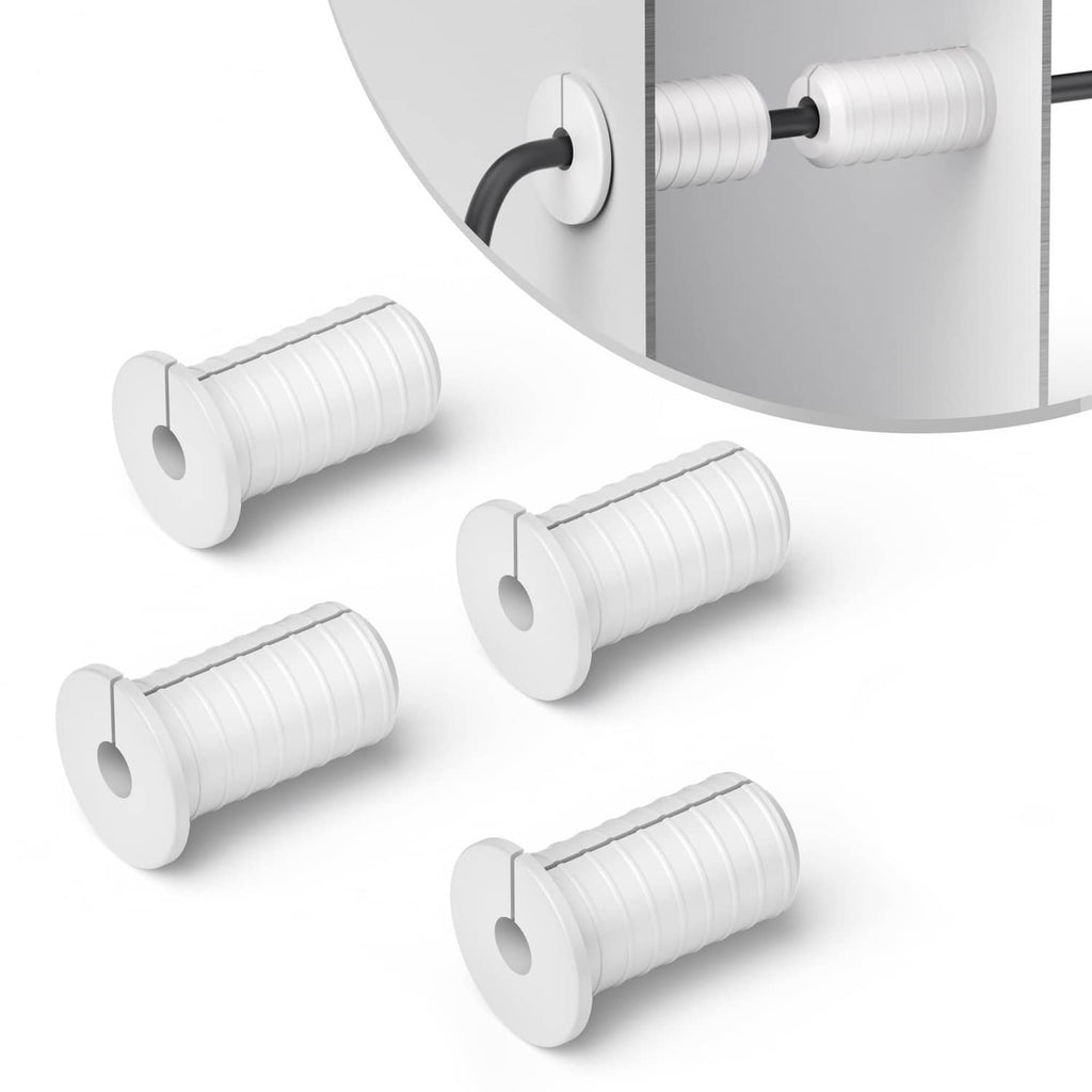 Set of 4 white wall cable grommets with central hole and ridged grip