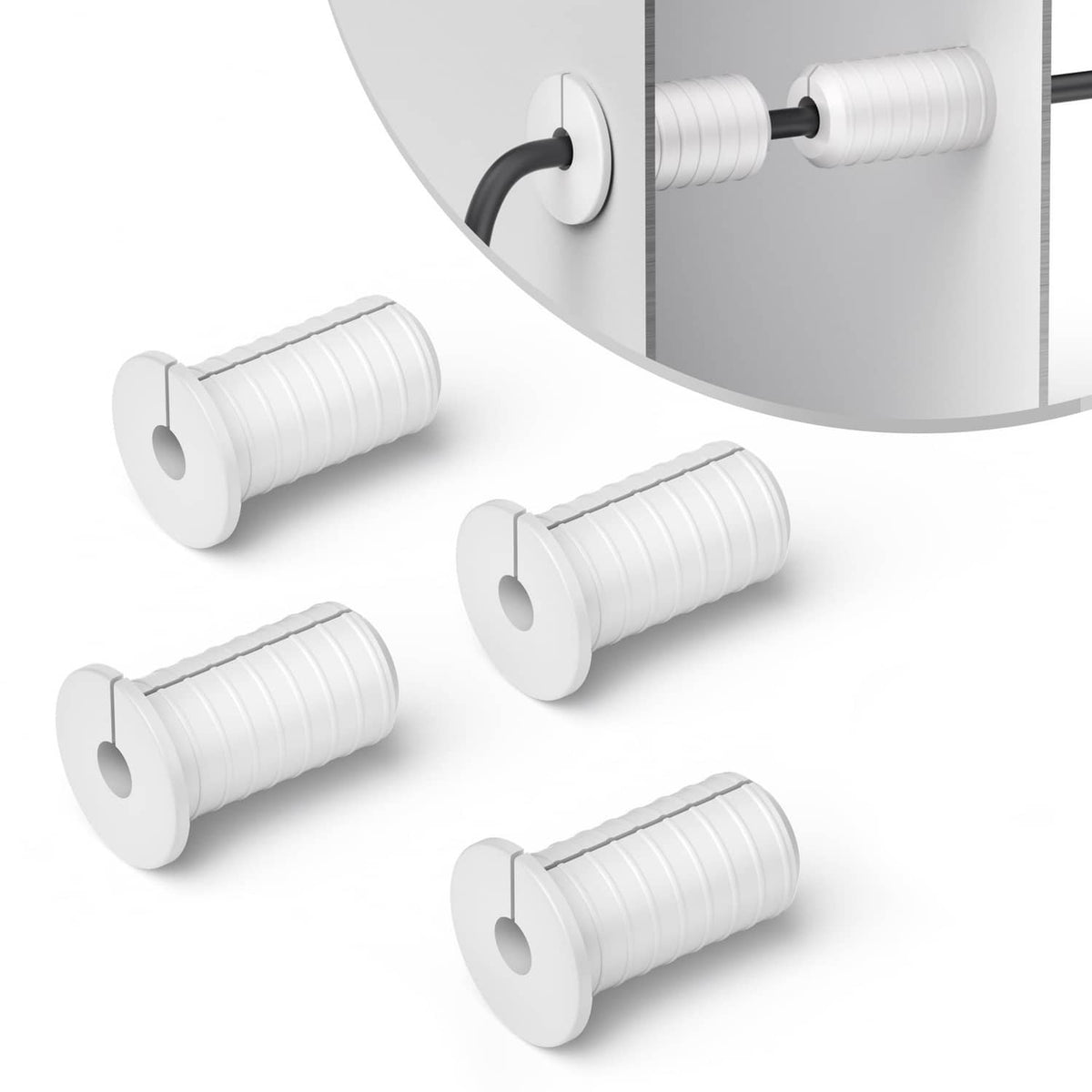 Set of 4 white wall cable grommets with central hole and ridged grip