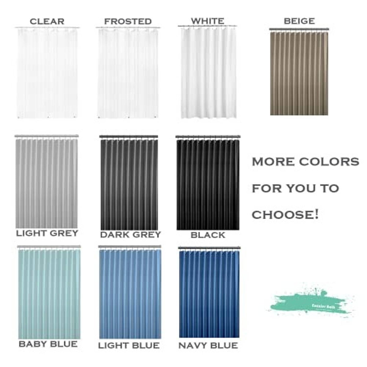 Shower curtain liner color options: clear, frosted, white, beige, greys, black, blues