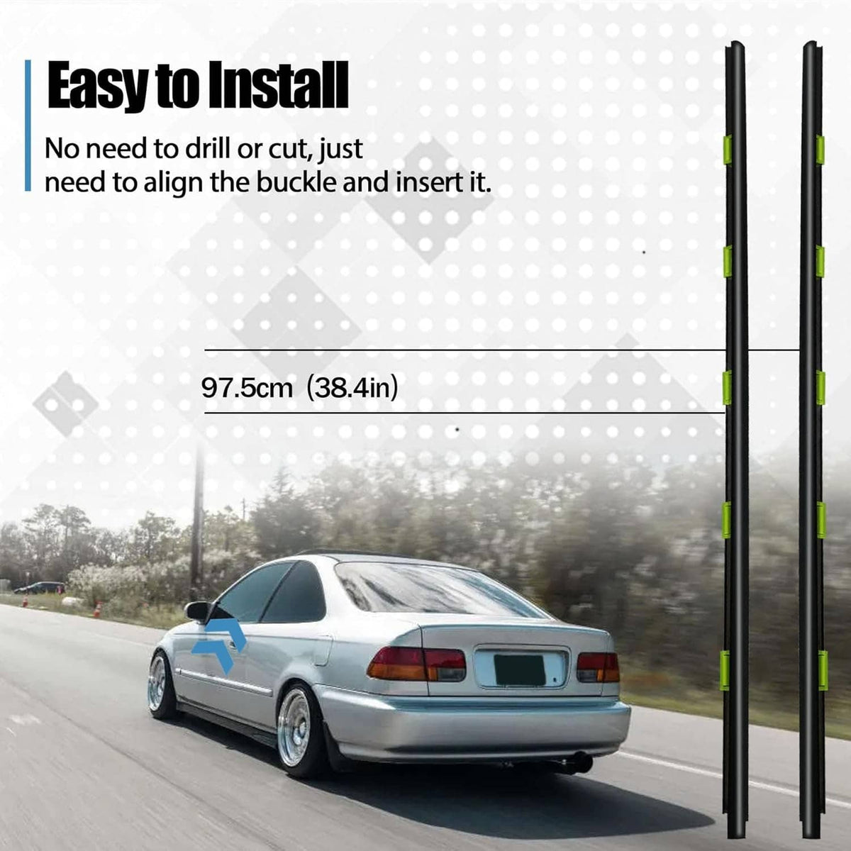 Black door window seal trim strips with green clips, length shown for fit