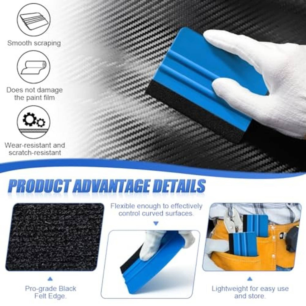Blue squeegee scraper with black felt edge used with a gloved hand