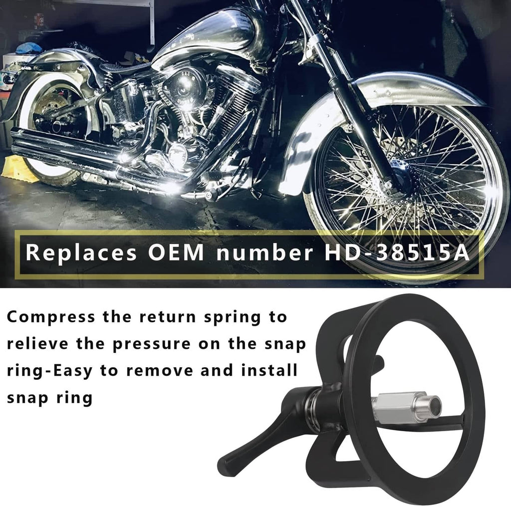 Black clutch spring compressor tool with clamp ring and threaded screw near motorcycle engine
