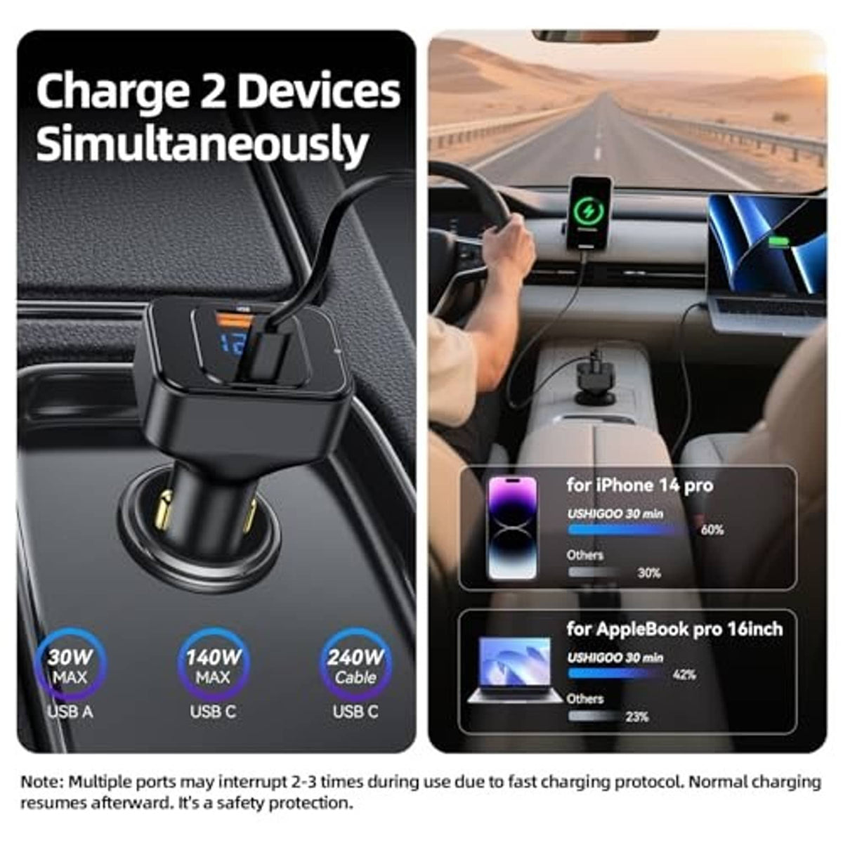 Black dual-output car charger adapter with USB-A and USB-C ports and coiled cable