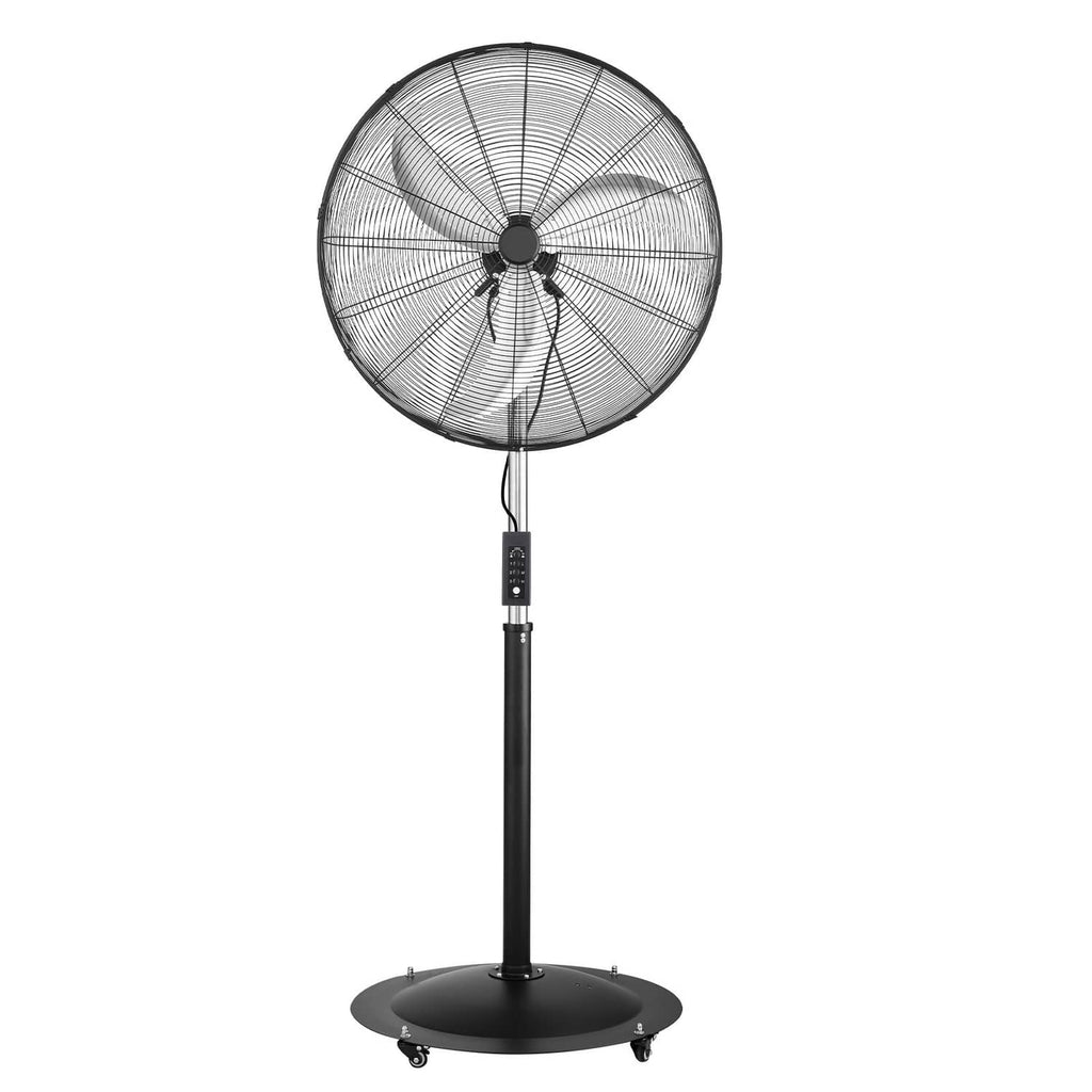 Industrial pedestal fan with round wire grille, black pole, and wide stable base