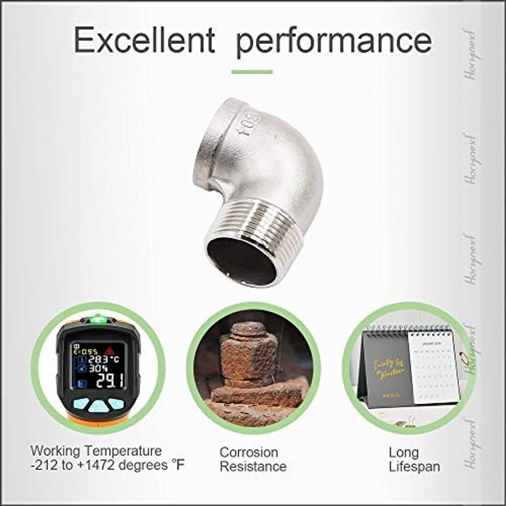 Stainless steel 90-degree elbow fitting with NPT threads at both ends