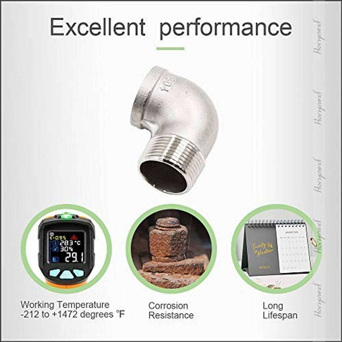 Stainless steel 90-degree elbow fitting with NPT threads at both ends