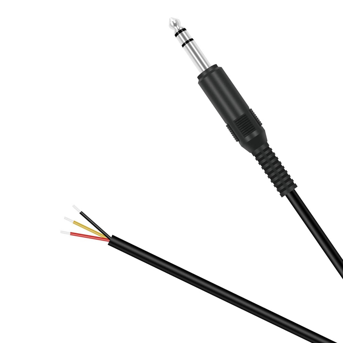 Black speaker wire adapter cable with 6.35mm stereo male plug and stripped wire ends