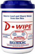 D-WIPE disposable towels container with blue lid and label for removing heavy metals
