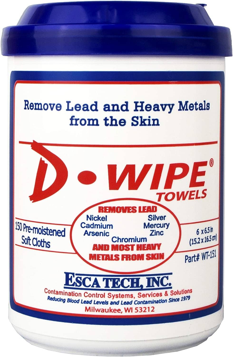 D-WIPE disposable towels container with blue lid and label for removing heavy metals
