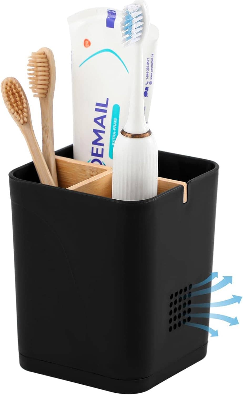 Black 3-slot toothbrush and toothpaste organizer with vented side openings