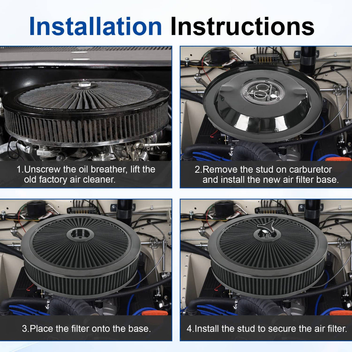 Black round air cleaner installed with pleated filter mounted on circular base