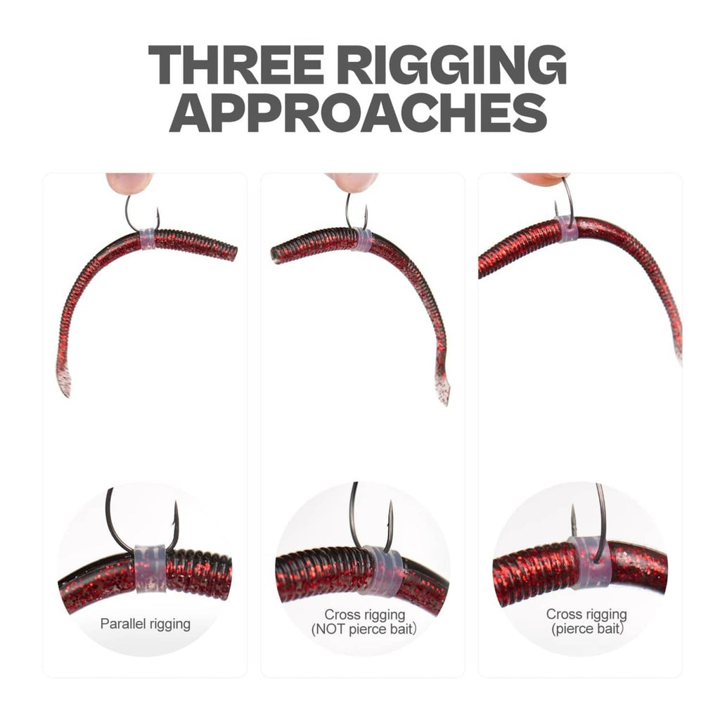 Silicone O-tube ring on a red worm for three rigging positions, with hook