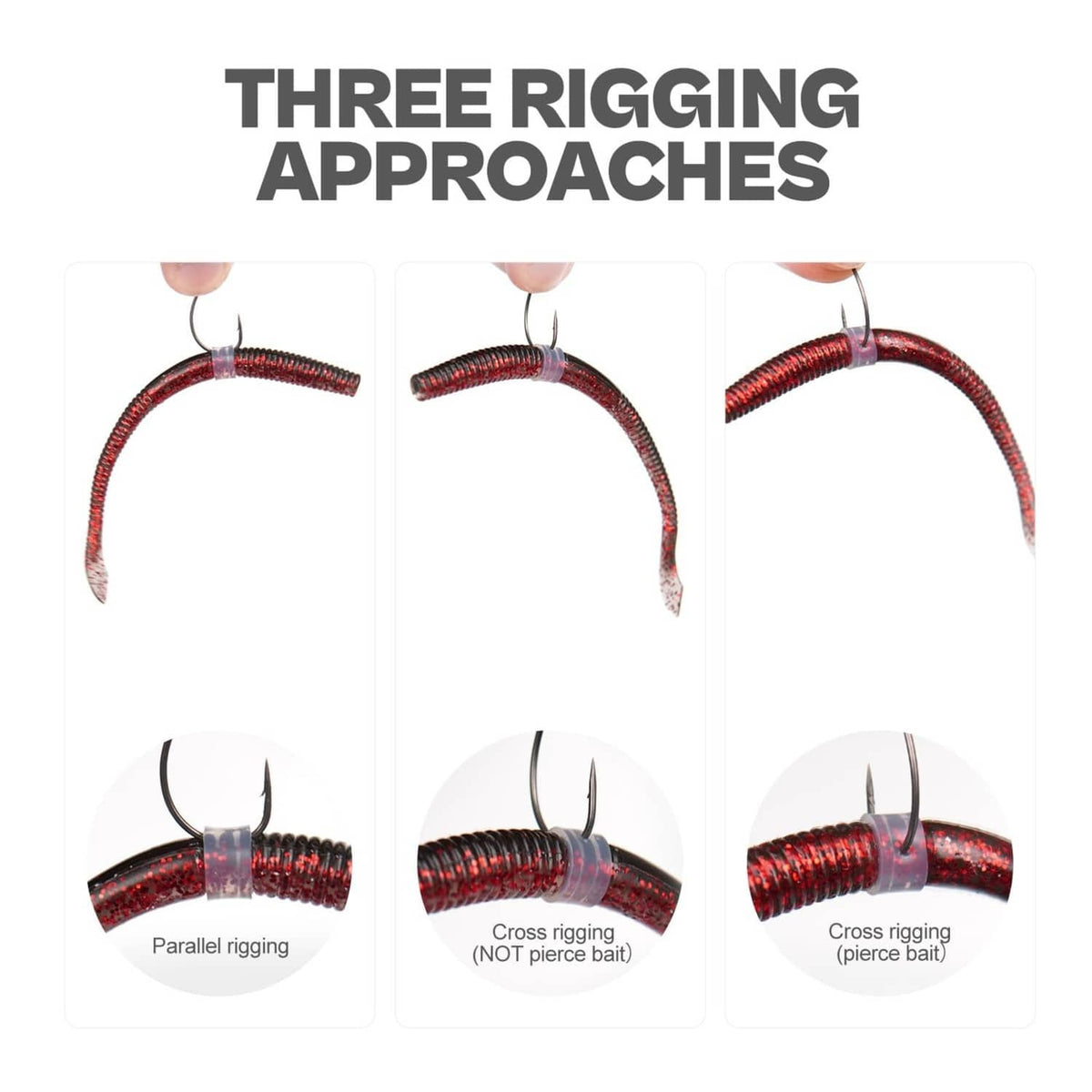 Silicone O-tube ring on a red worm for three rigging positions, with hook