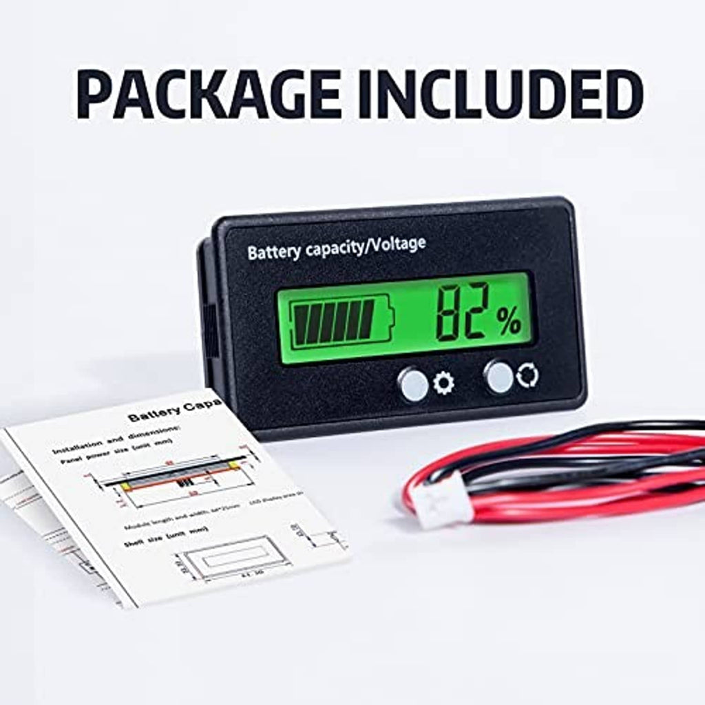 Battery capacity/voltage LCD meter with green 82% display, wiring and instruction sheet