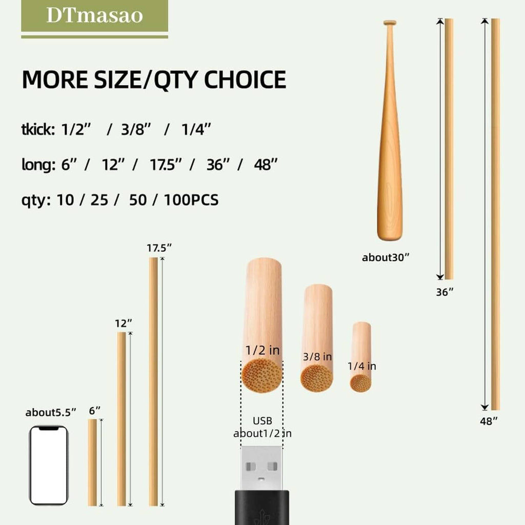 Bamboo dowel rods size and quantity chart with thickness and length illustrations