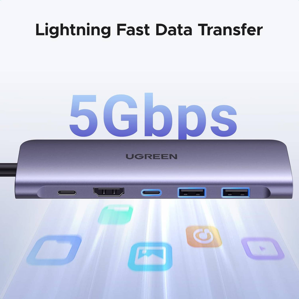 Space gray USB-C hub front ports: USB-A, USB-C, HDMI, and PD charging port